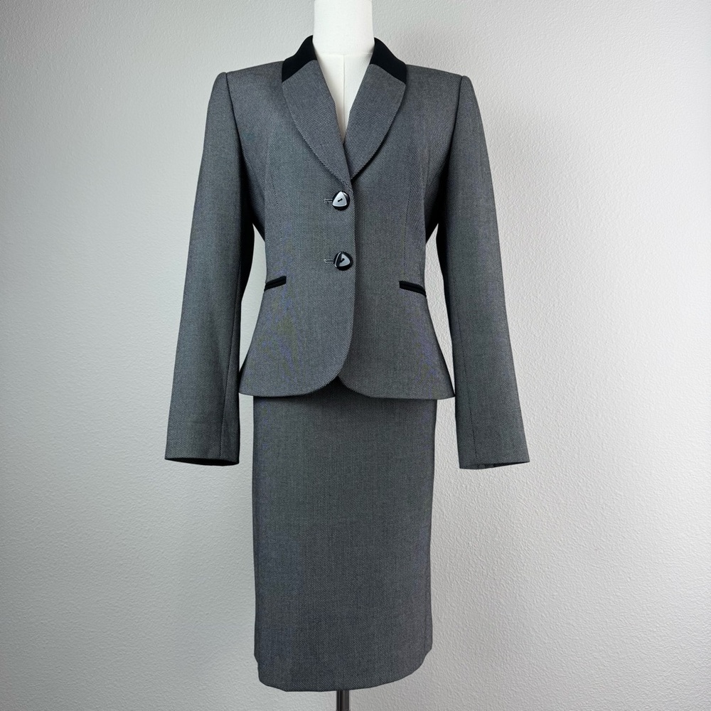 Tahari ASL Power Suit Skirt Set Size 6 Black Micro Print Contrast Trim Corpcore